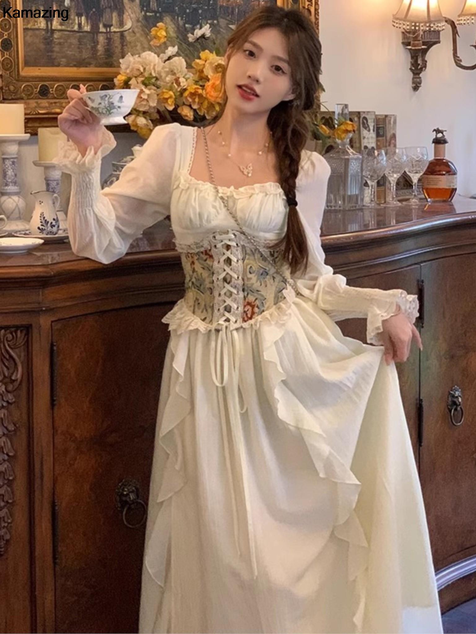French Vintage Floral Midi Dress - Vintage francese corsetto Midi Dress donna