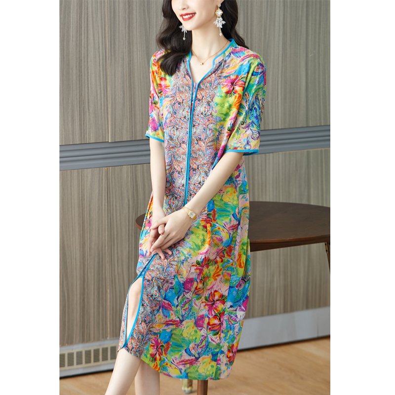French Vintage Floral Midi Dress - 2024 New Pink Floral Mulberry Silk
