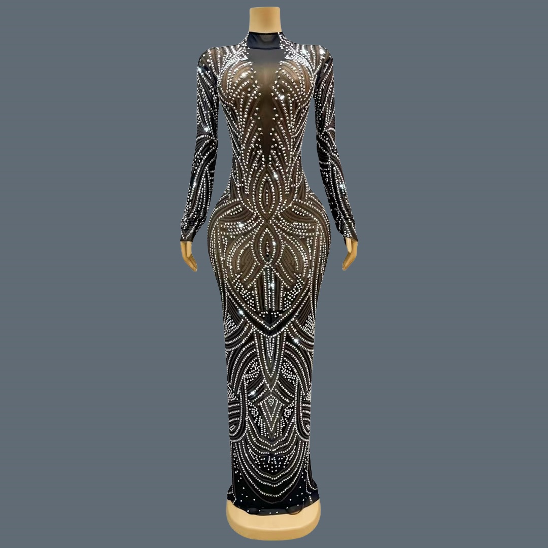 Sparkly Rhinestone Club Party Dress - Abito da sera nero, nuovo modello,