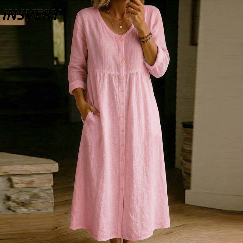 Nuovo abito midi casual primav - Casual Loose Linen Shirt Dress recensione e prezzo